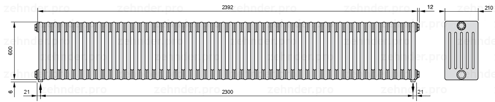 Схема (чертеж) Радиатор Zehnder Charleston 6060/52 №3570 Белый глянцевый RAL 9016